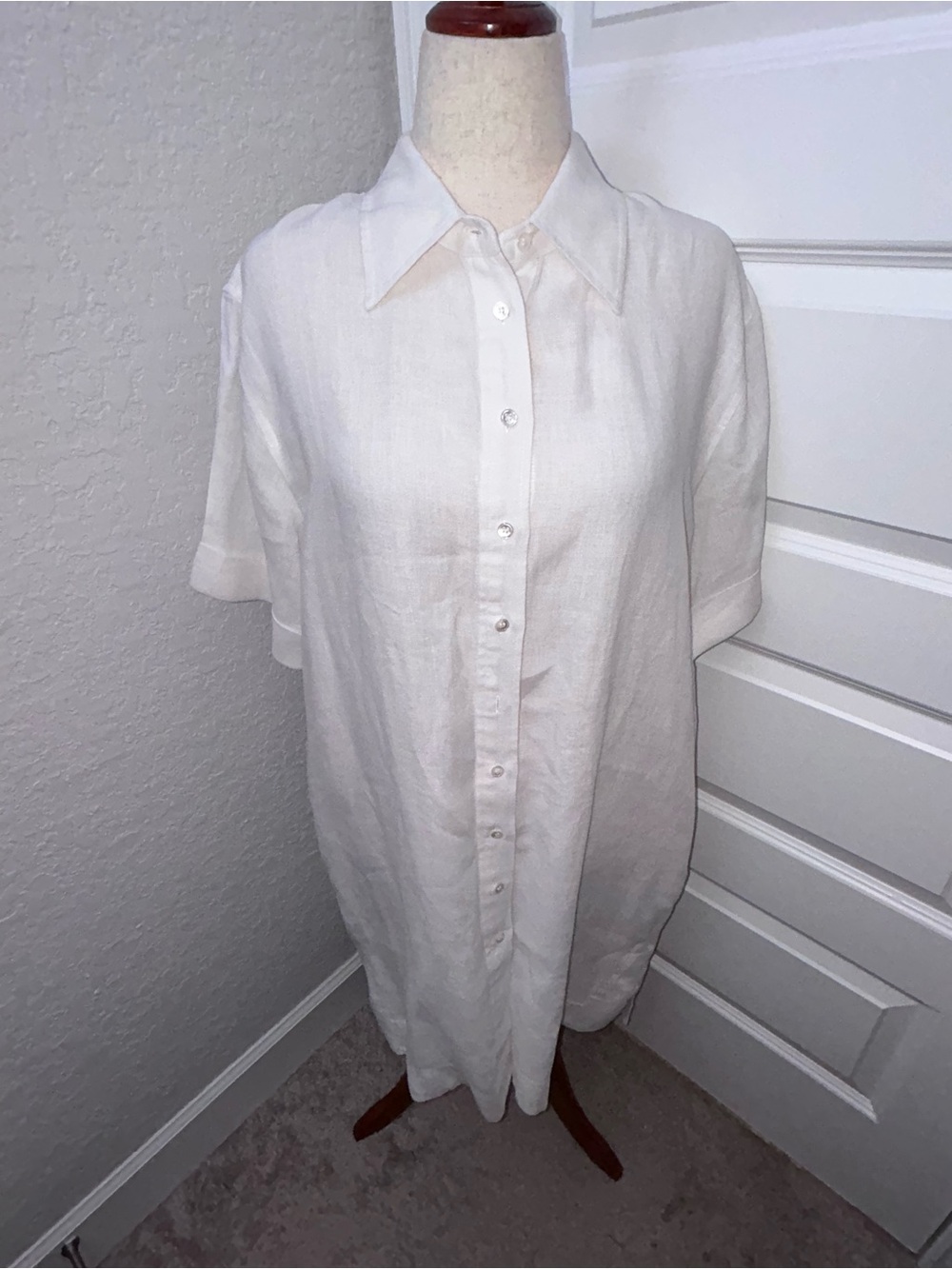 TRENERY 100% French Linen Short Sleeve Button Front Lagenlook Shirt Dress